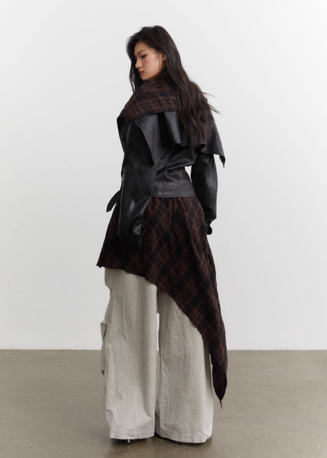 Urban Layered Plaid Apron PU Jacket Set