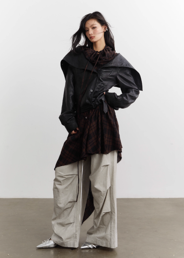 Urban Layered Plaid Apron PU Jacket Set