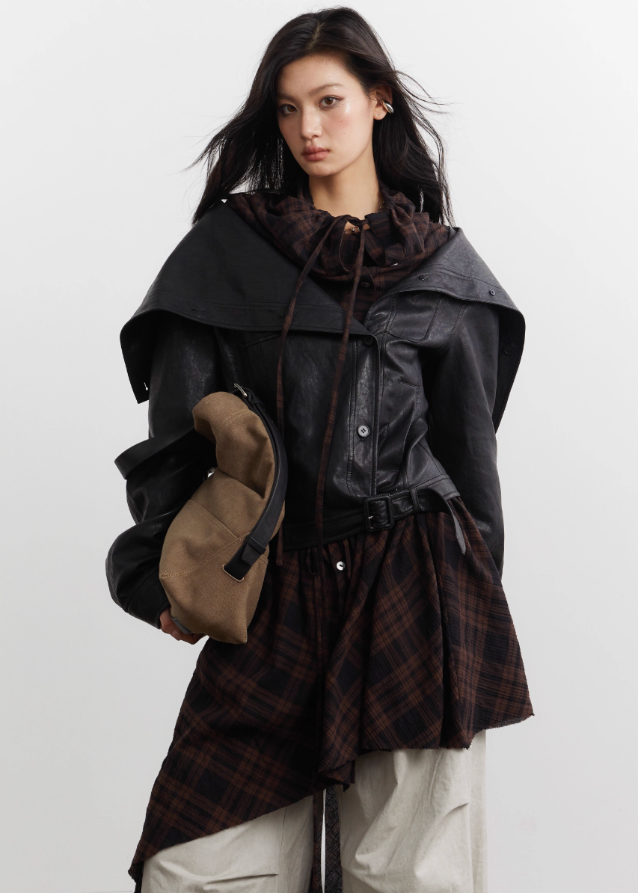 Urban Layered Plaid Apron PU Jacket Set