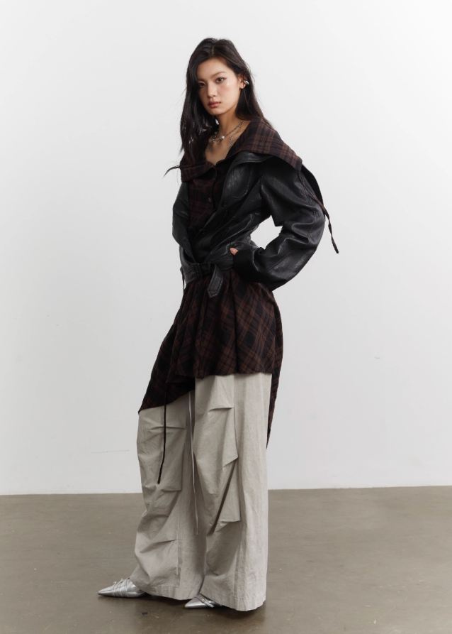 Urban Layered Plaid Apron PU Jacket Set