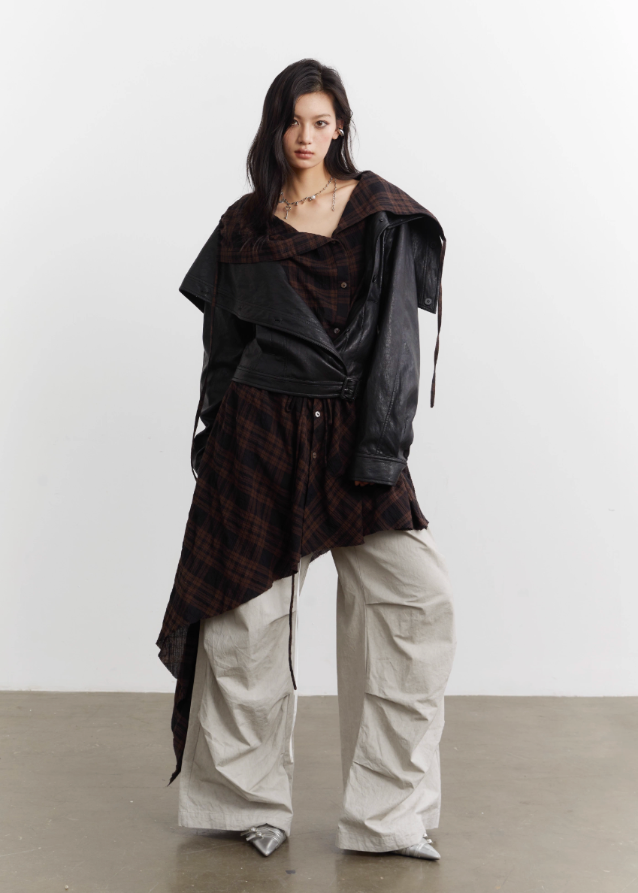 Urban Layered Plaid Apron PU Jacket Set