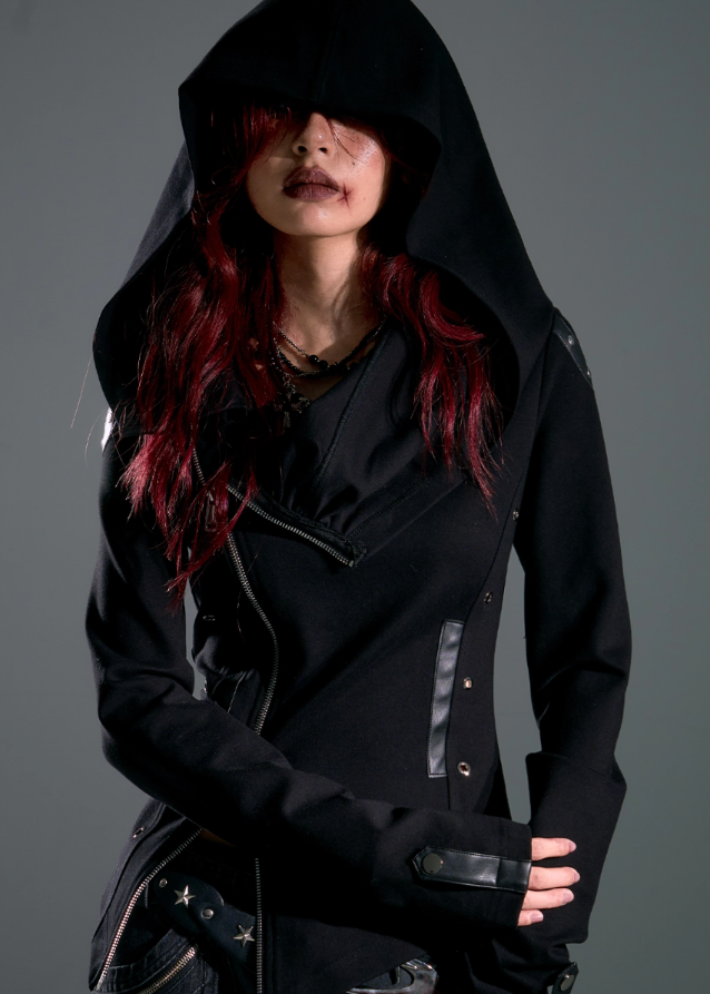 Raven Hood Asym Zip Knit Jacket