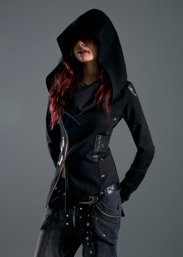 Raven Hood Asym Zip Knit Jacket