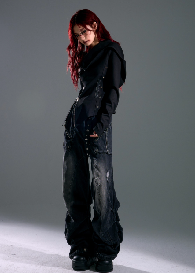 Raven Hood Asym Zip Knit Jacket