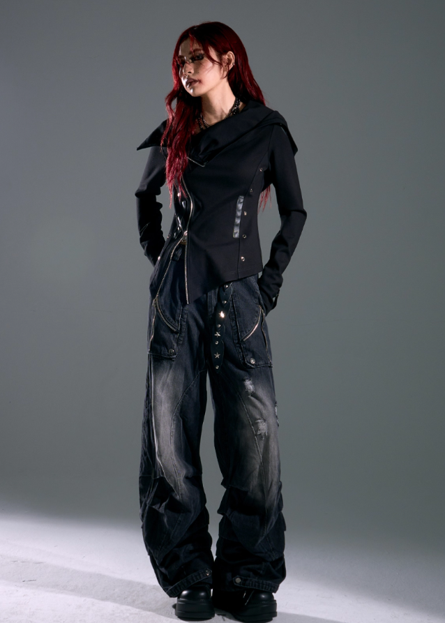 Raven Hood Asym Zip Knit Jacket