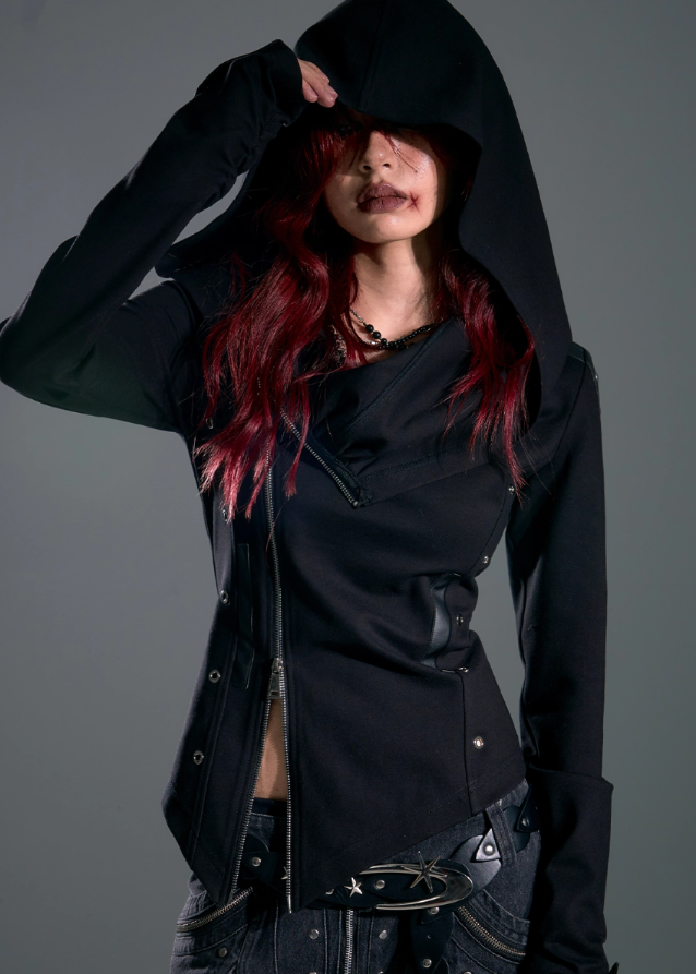 Raven Hood Asym Zip Knit Jacket