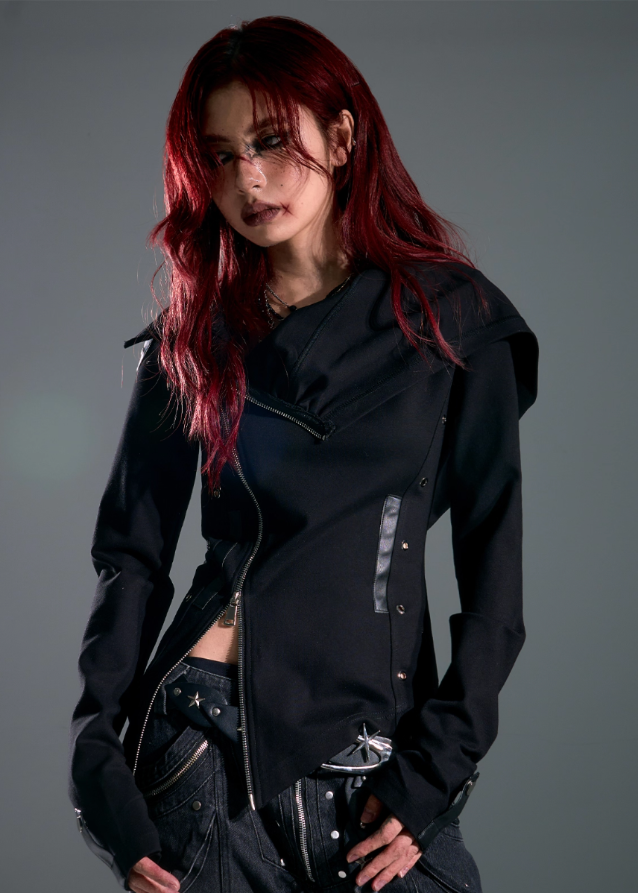 Raven Hood Asym Zip Knit Jacket