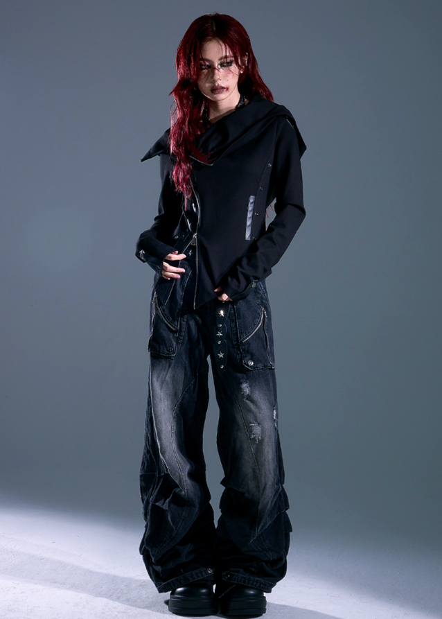 Raven Hood Asym Zip Knit Jacket