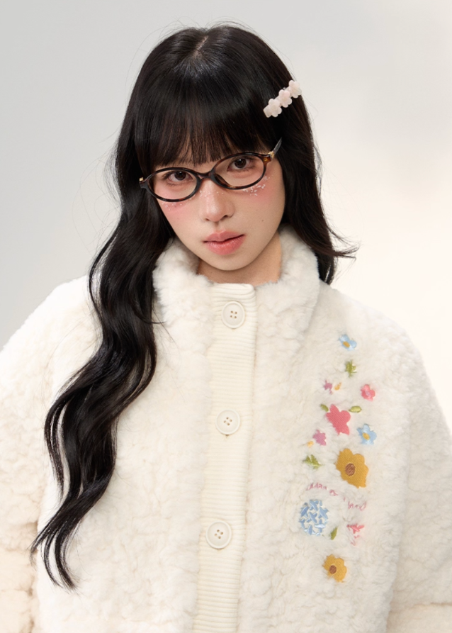 Cozy Blossom Panel Knit Fur Jacket