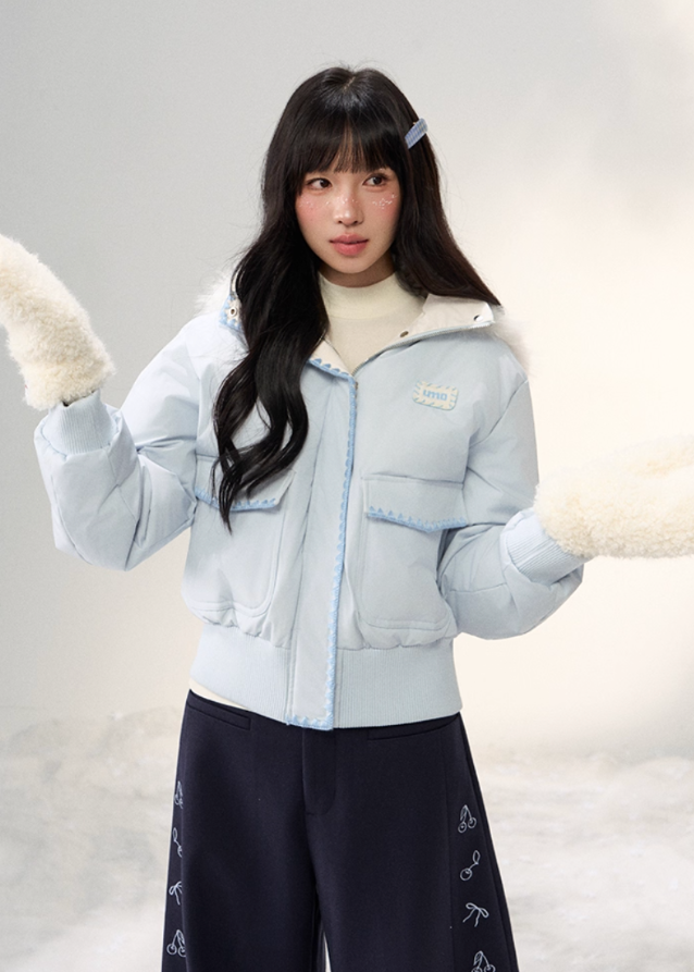 Snowflake Pastel Fur-Collar Down Jacket