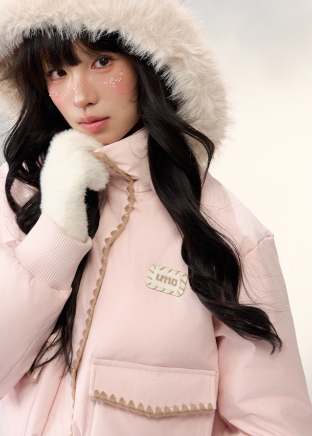 Snowflake Pastel Fur-Collar Down Jacket