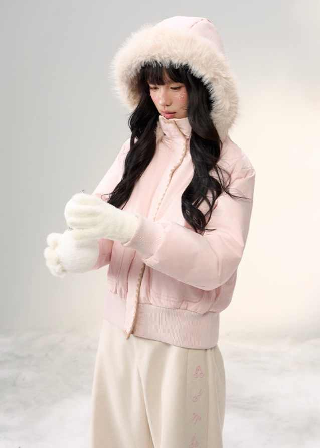 Snowflake Pastel Fur-Collar Down Jacket