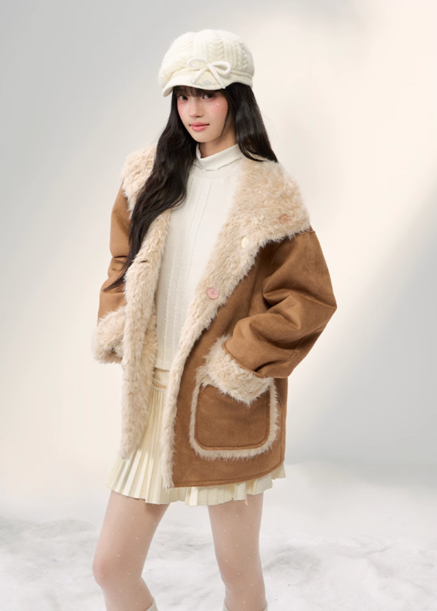Sugar Suede Fluff Patchwork Lapel Coat Hover Image