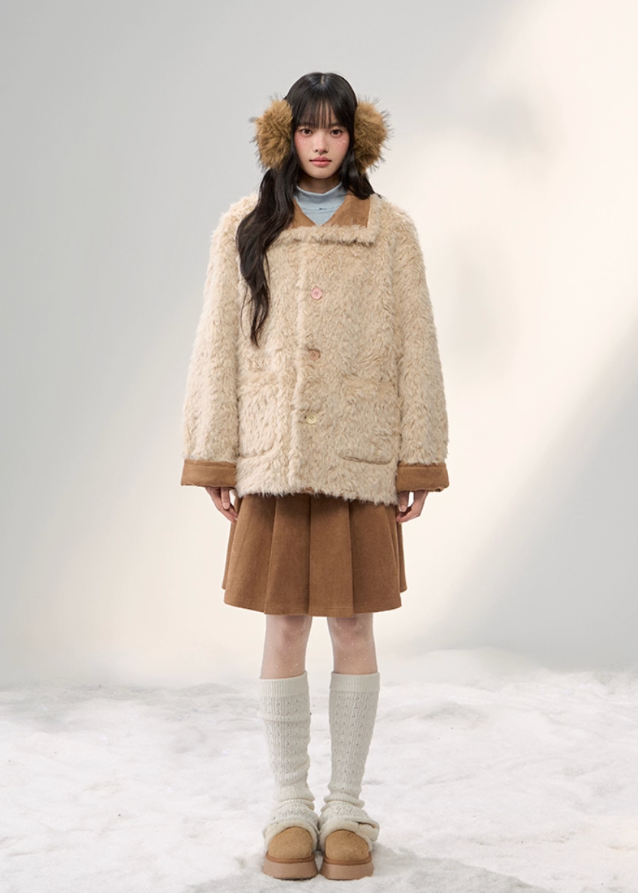 Sugar Suede Fluff Patchwork Lapel Coat