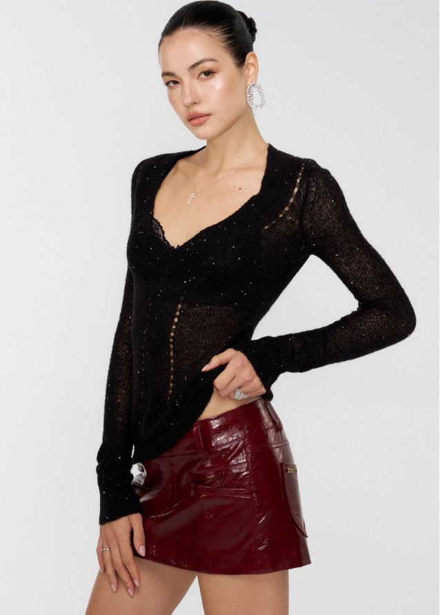 Shine Frame Deep-V Sparkle Sweater