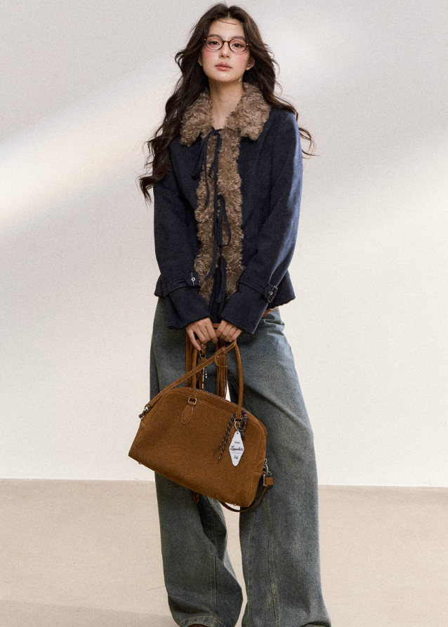 Vintage Fur-Collar Slim Jacket