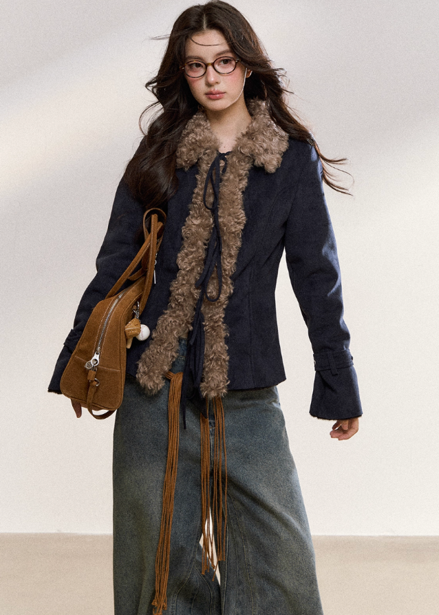 Vintage Fur-Collar Slim Jacket