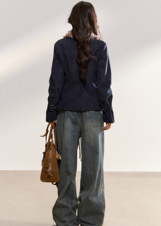 Vintage Fur-Collar Slim Jacket