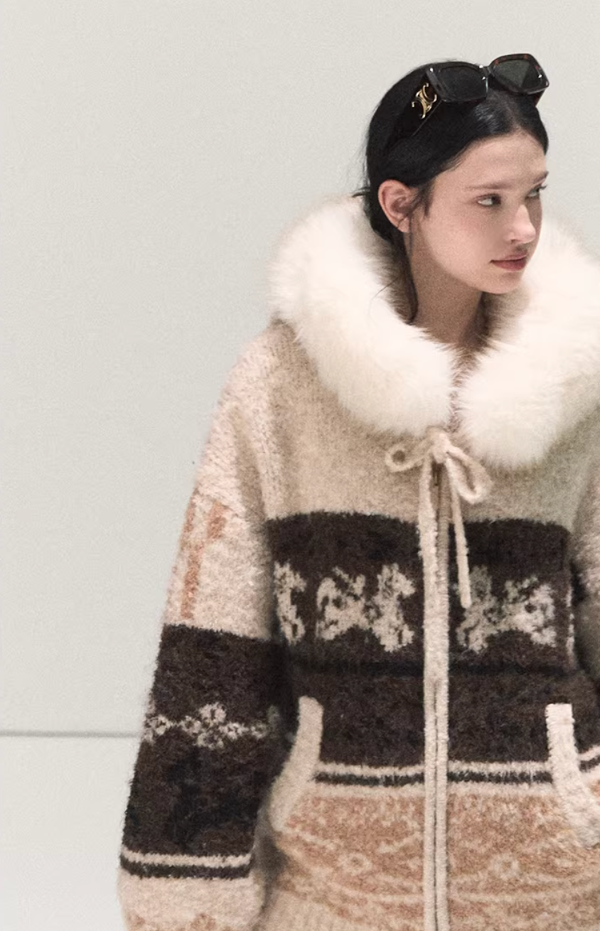 Winter Fair Isle Fur Collar Jacket