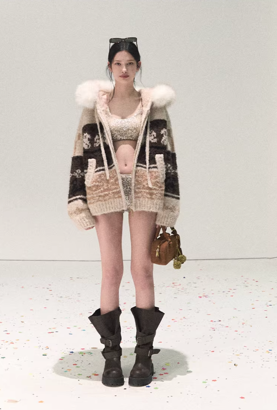 Winter Fair Isle Fur Collar Jacket