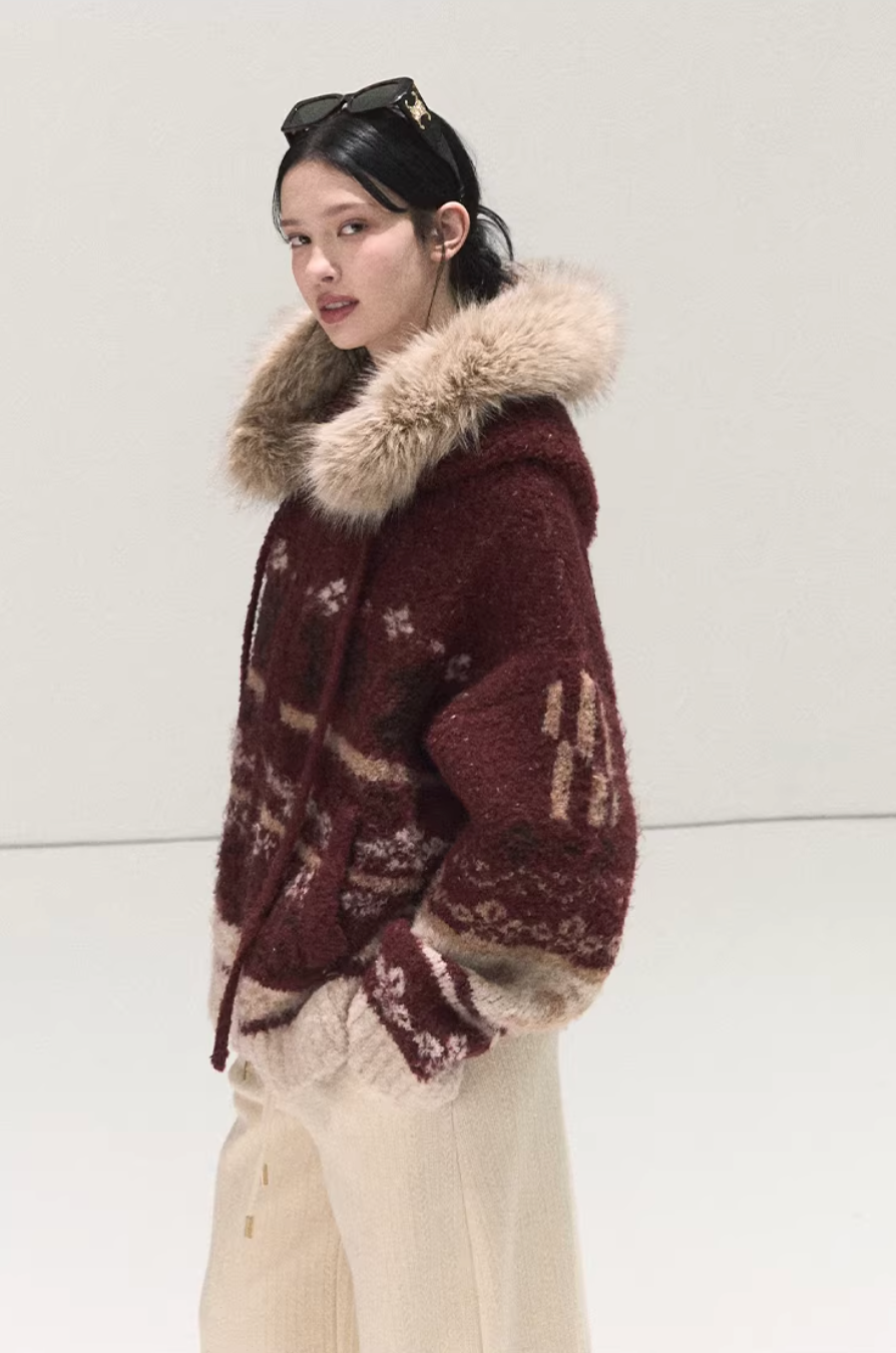 Winter Fair Isle Fur Collar Jacket