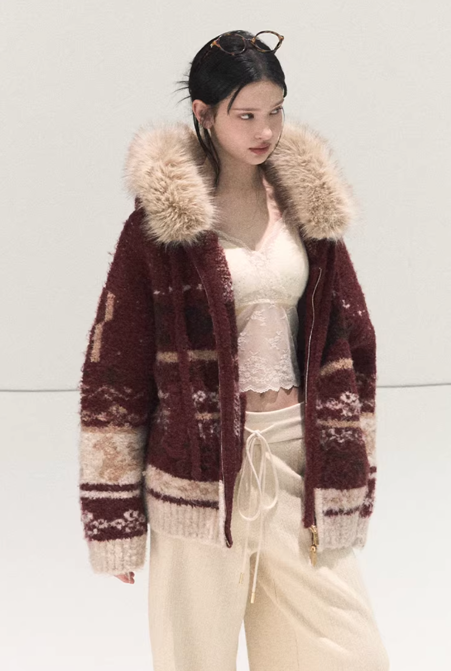 Winter Fair Isle Fur Collar Jacket
