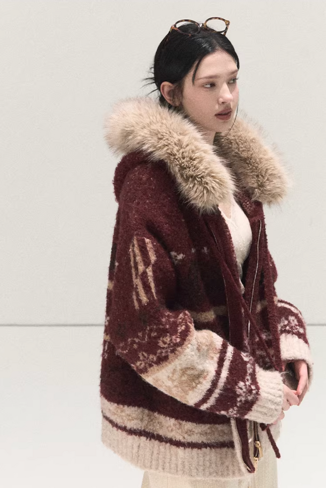Winter Fair Isle Fur Collar Jacket Main Image