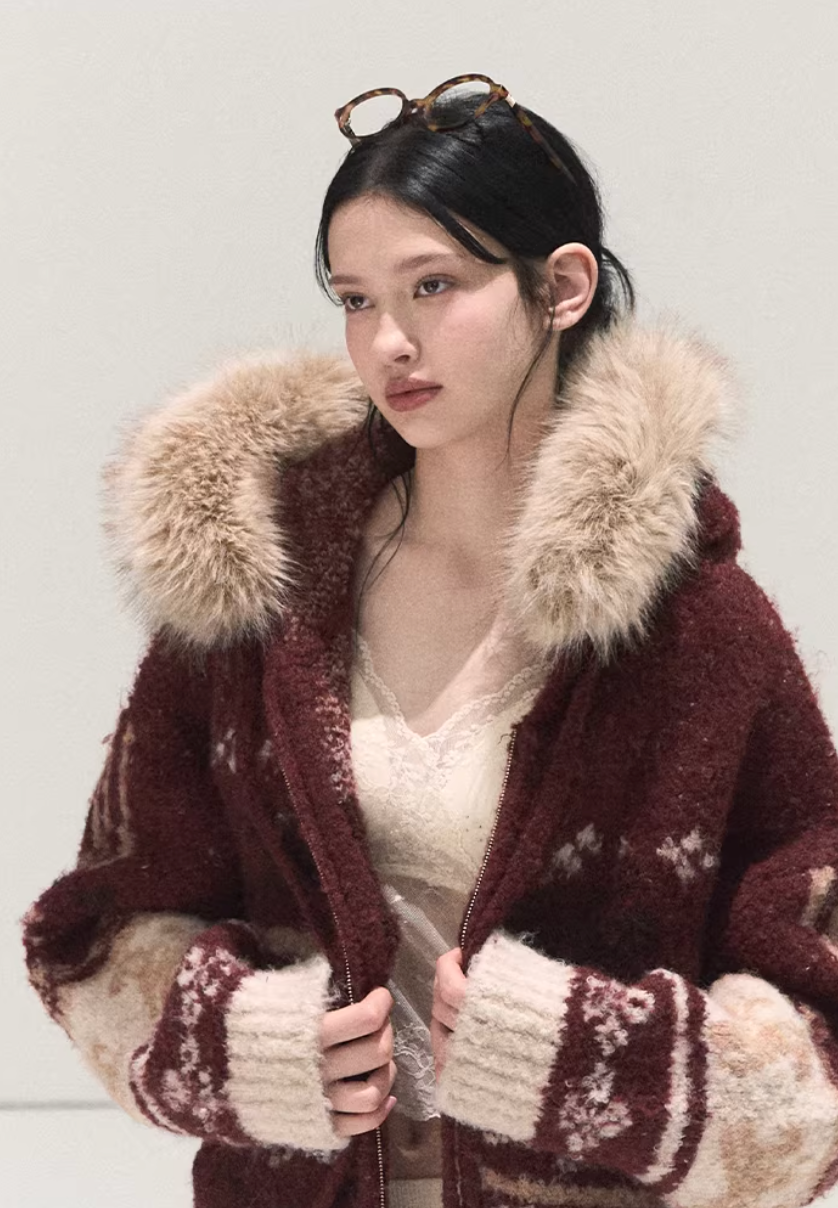 Winter Fair Isle Fur Collar Jacket