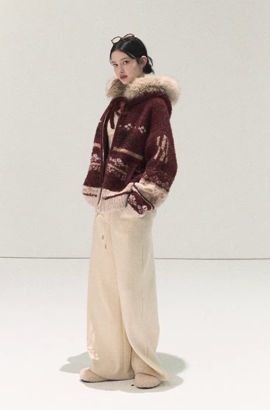 Winter Fair Isle Fur Collar Jacket