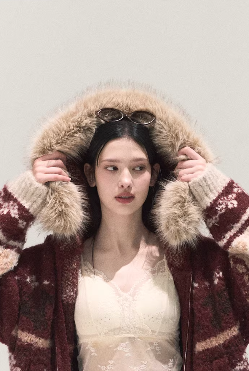 Winter Fair Isle Fur Collar Jacket