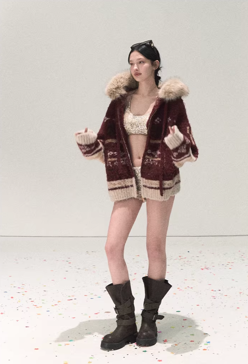 Winter Fair Isle Fur Collar Jacket