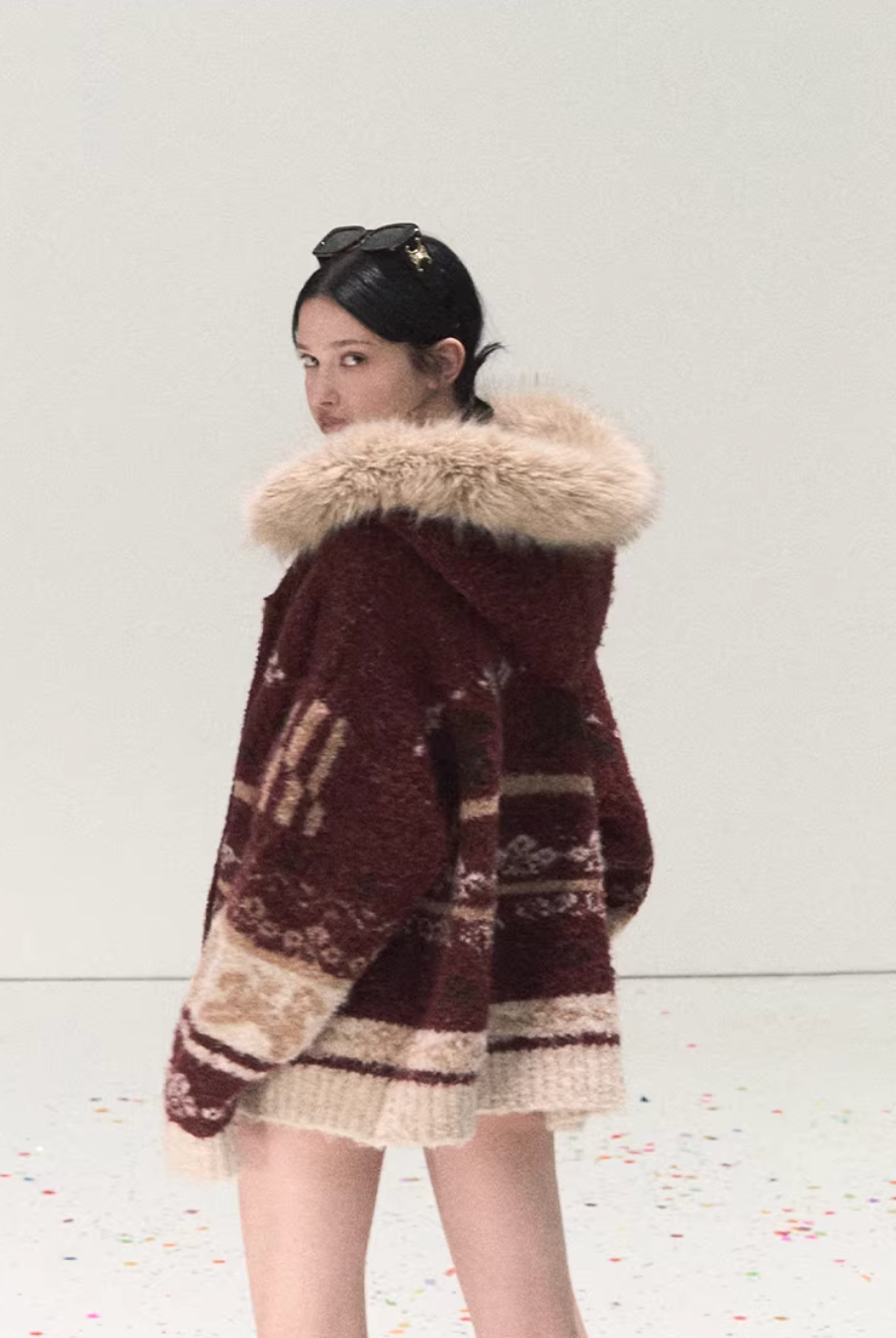 Winter Fair Isle Fur Collar Jacket