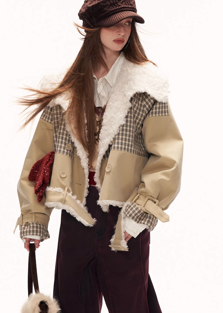 Plaid Clash Fur Collar Jacket