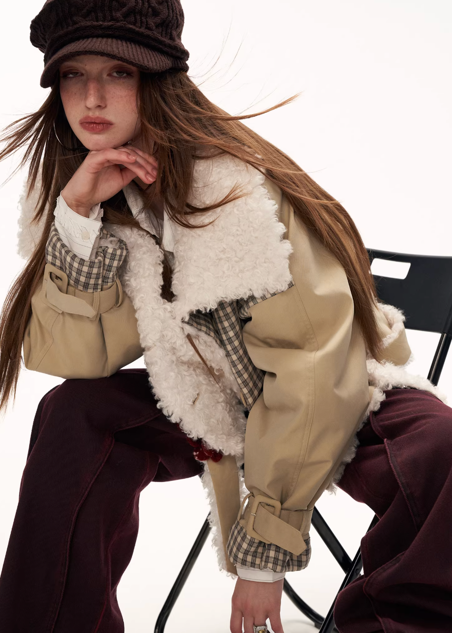 Plaid Clash Fur Collar Jacket