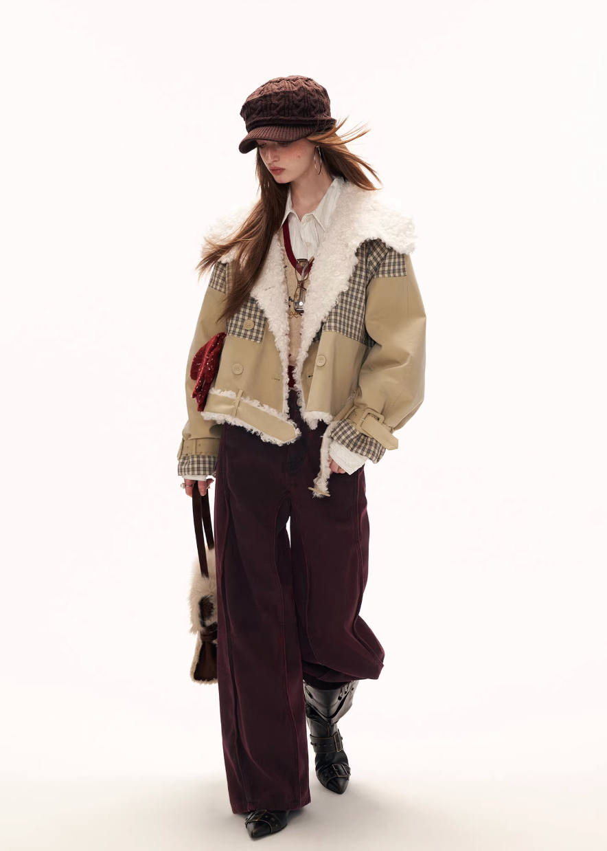 Plaid Clash Fur Collar Jacket