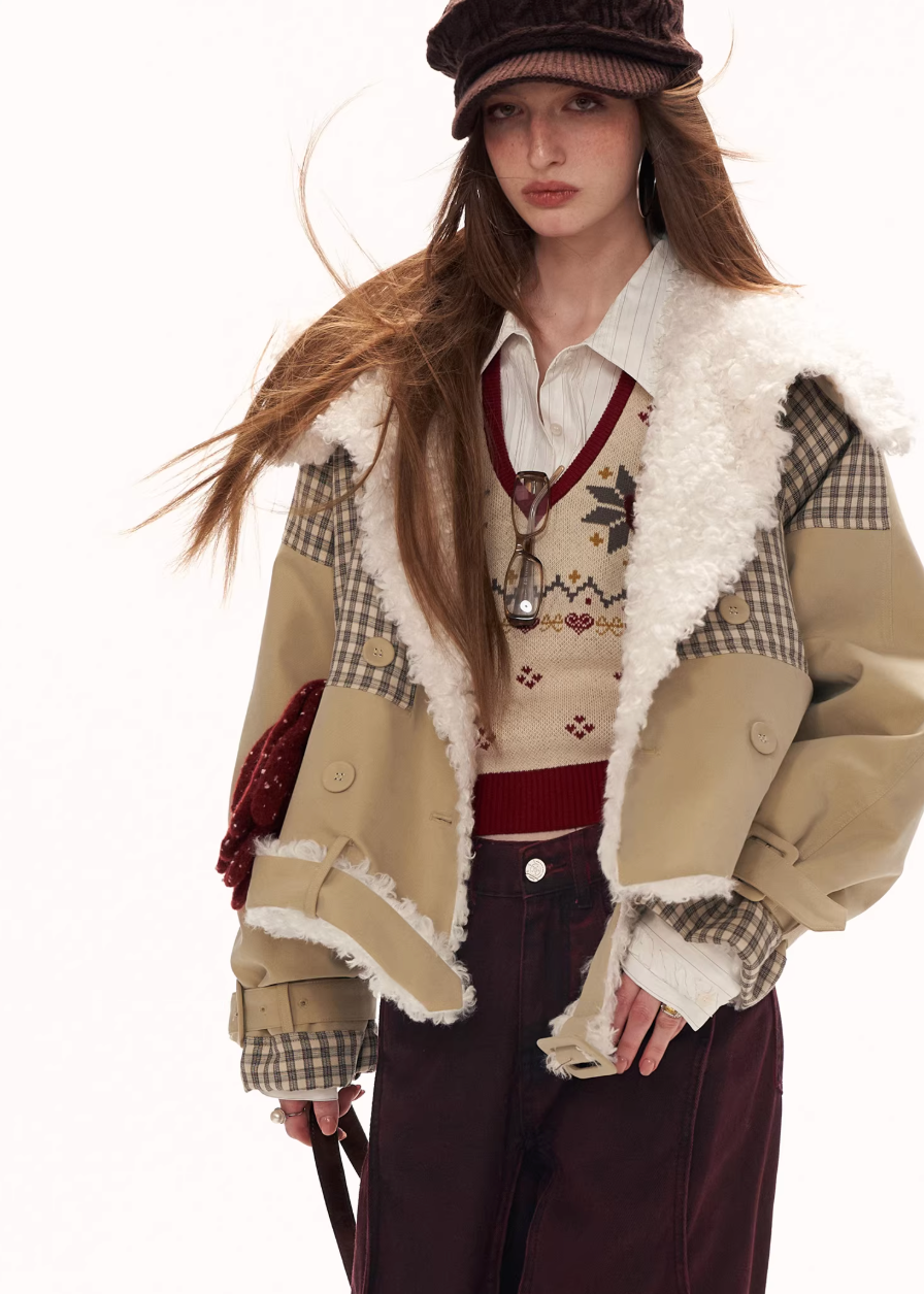 Plaid Clash Fur Collar Jacket