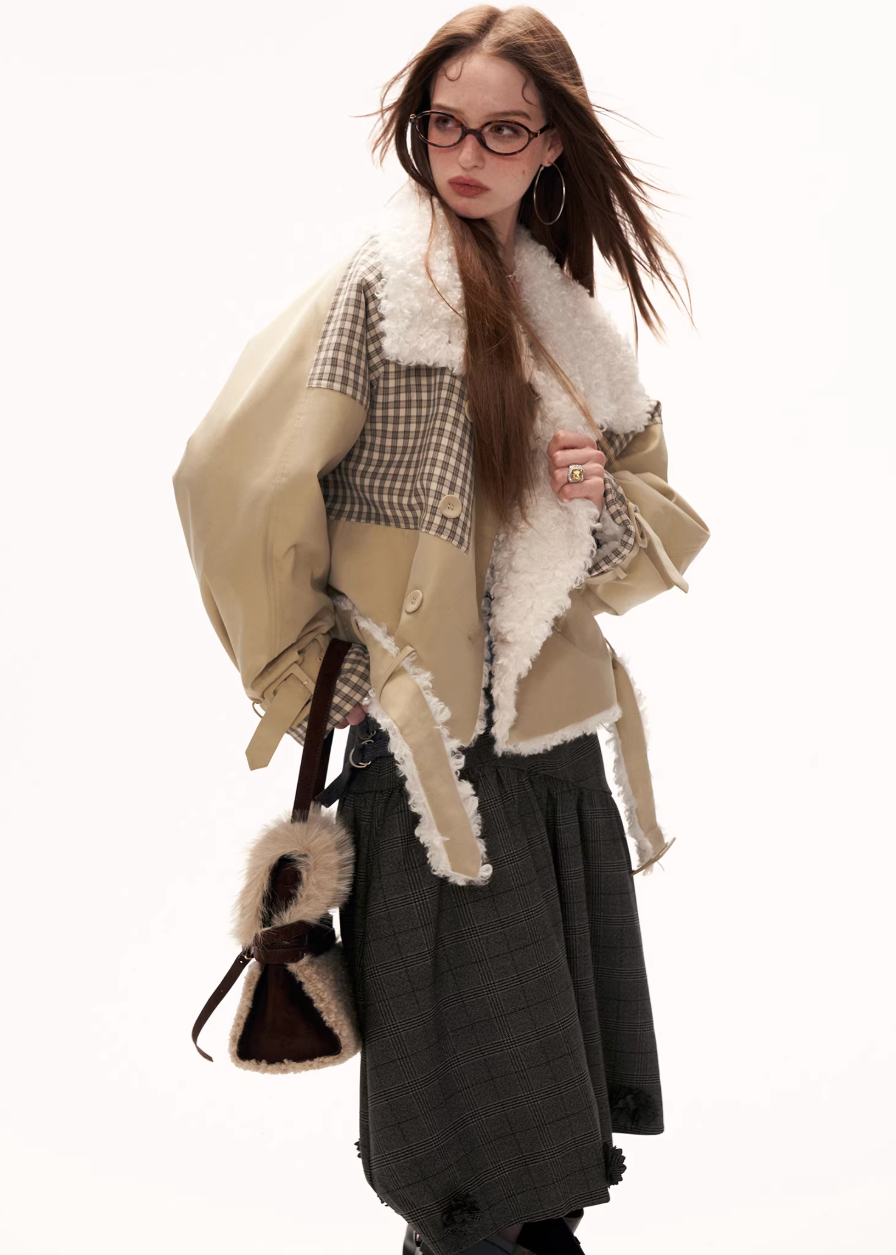 Plaid Clash Fur Collar Jacket