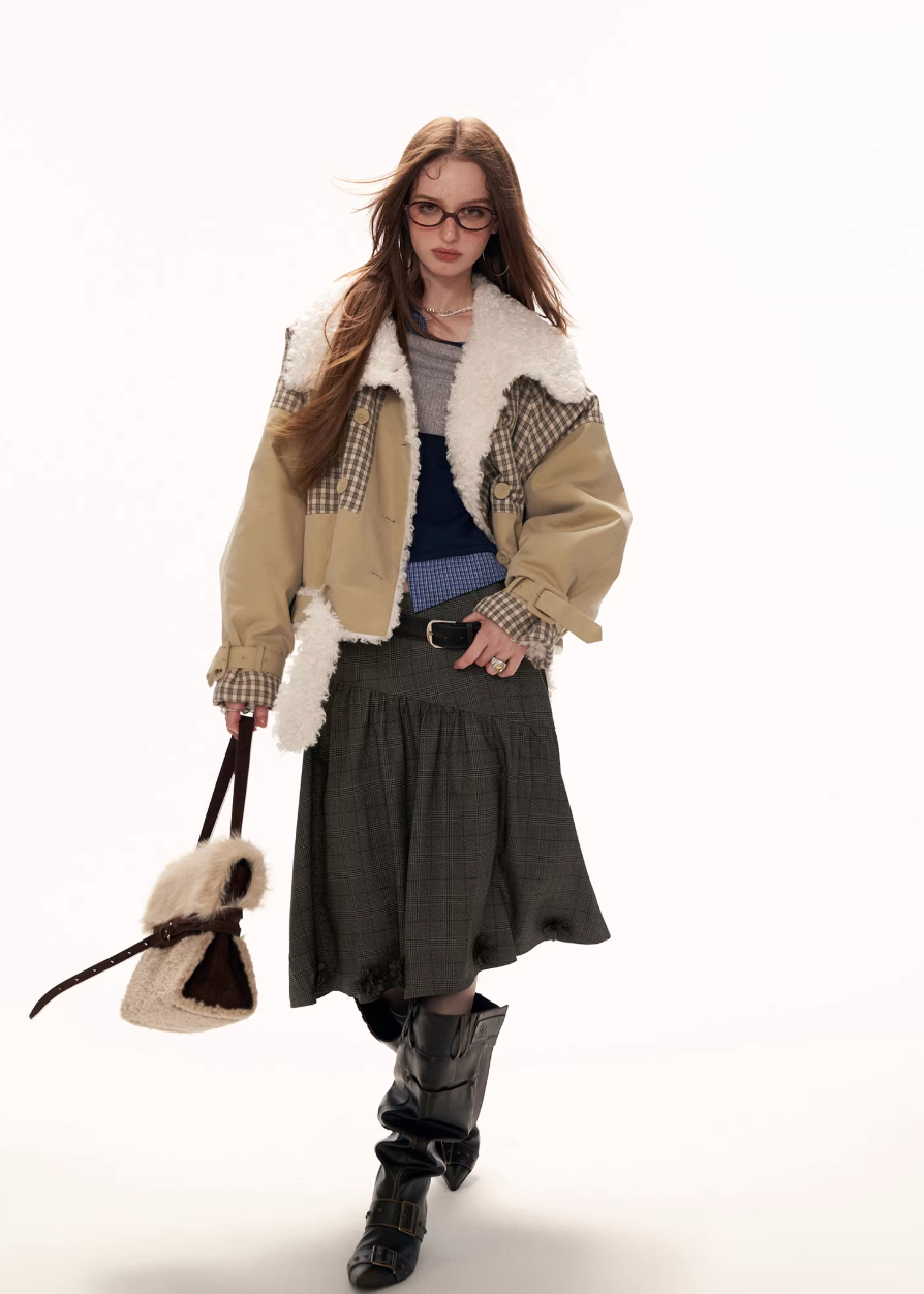 Plaid Clash Fur Collar Jacket