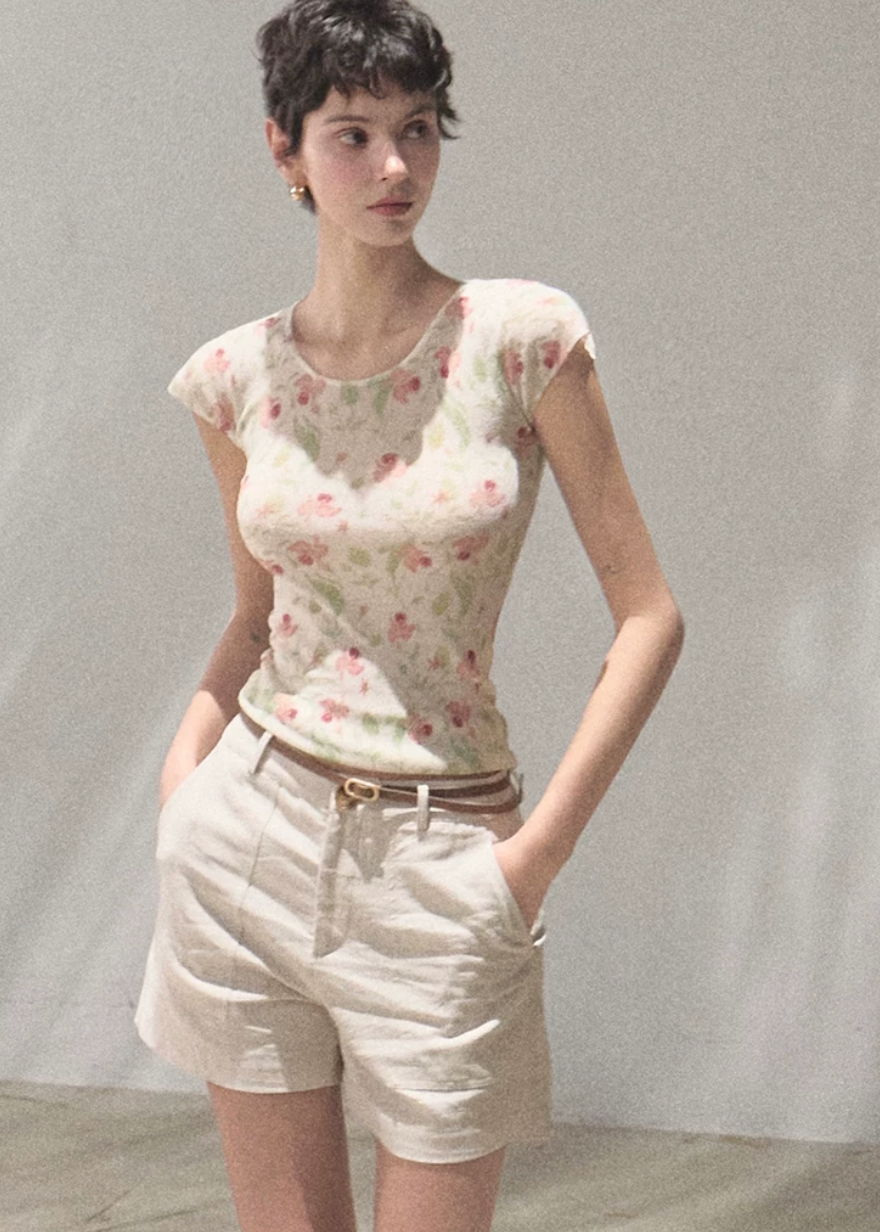 Soft Floral Linen Short Sleeve Top
