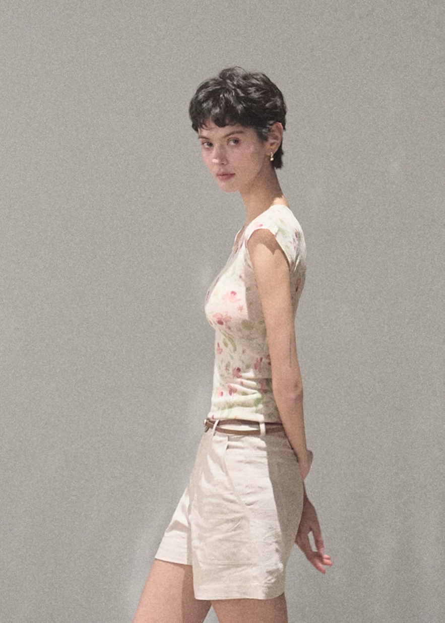 Soft Floral Linen Short Sleeve Top