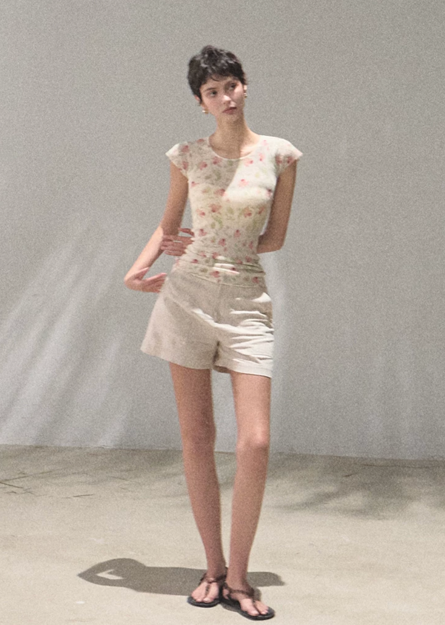 Soft Floral Linen Short Sleeve Top