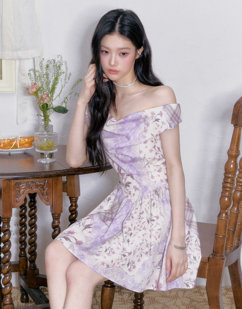 Purple Mist Floral Off-Shoulder Dress
