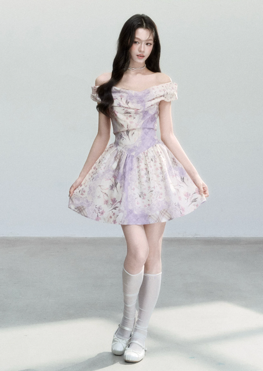 Purple Mist Floral Off-Shoulder Dress
