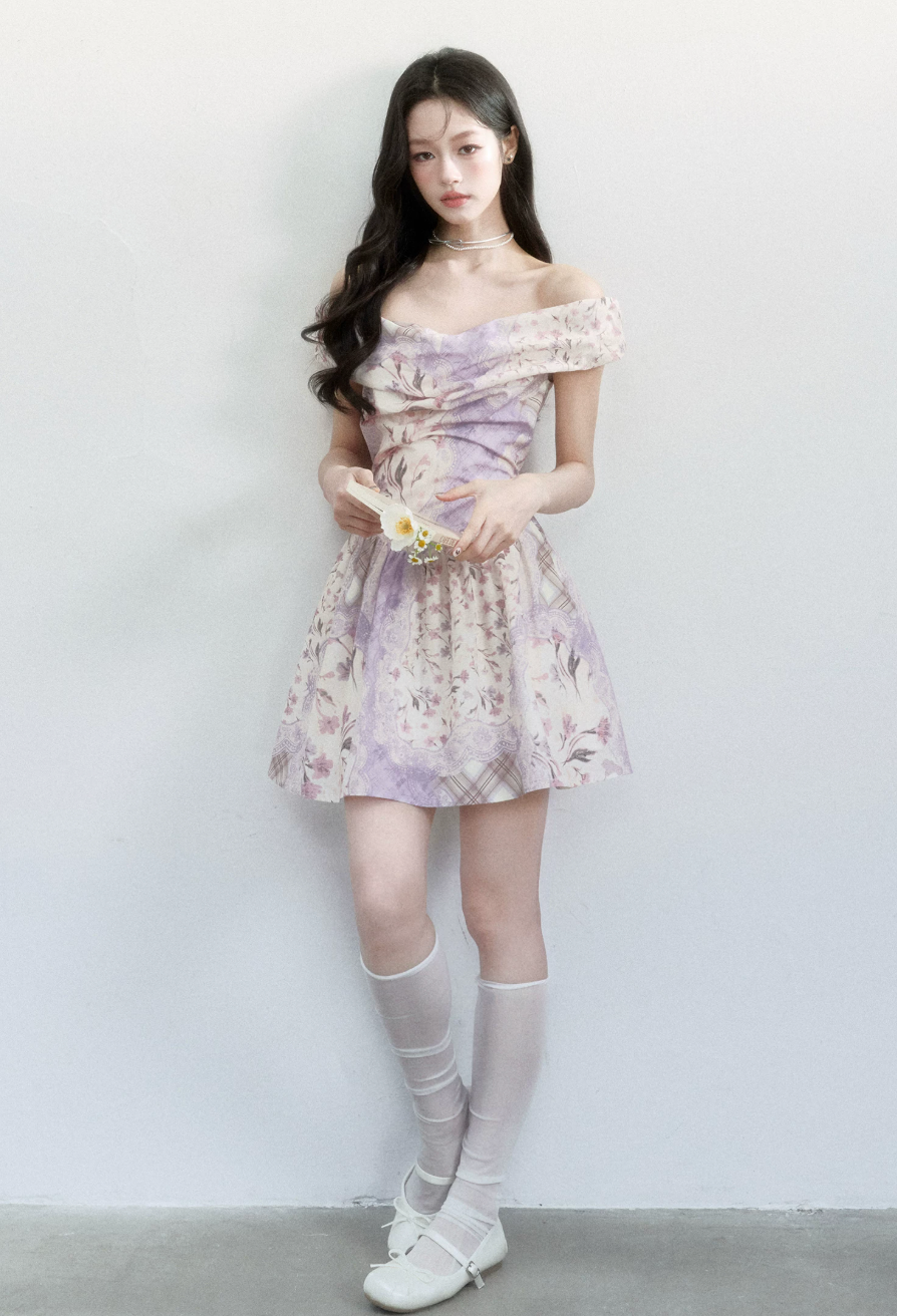 Purple Mist Floral Off-Shoulder Dress