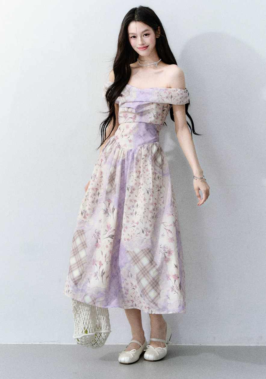 Purple Mist Floral Off-Shoulder Dress