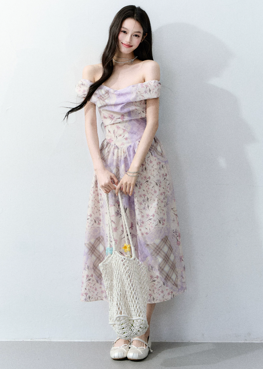 Purple Mist Floral Off-Shoulder Dress