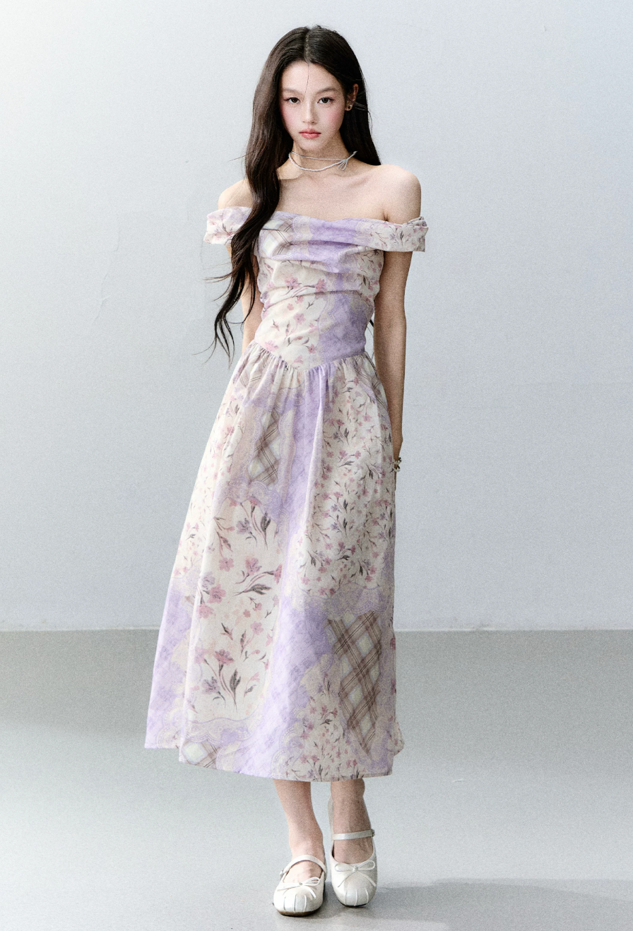 Purple Mist Floral Off-Shoulder Dress