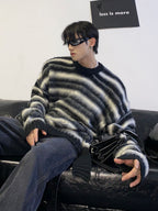 Black and White Striped Crew Neck Sweater