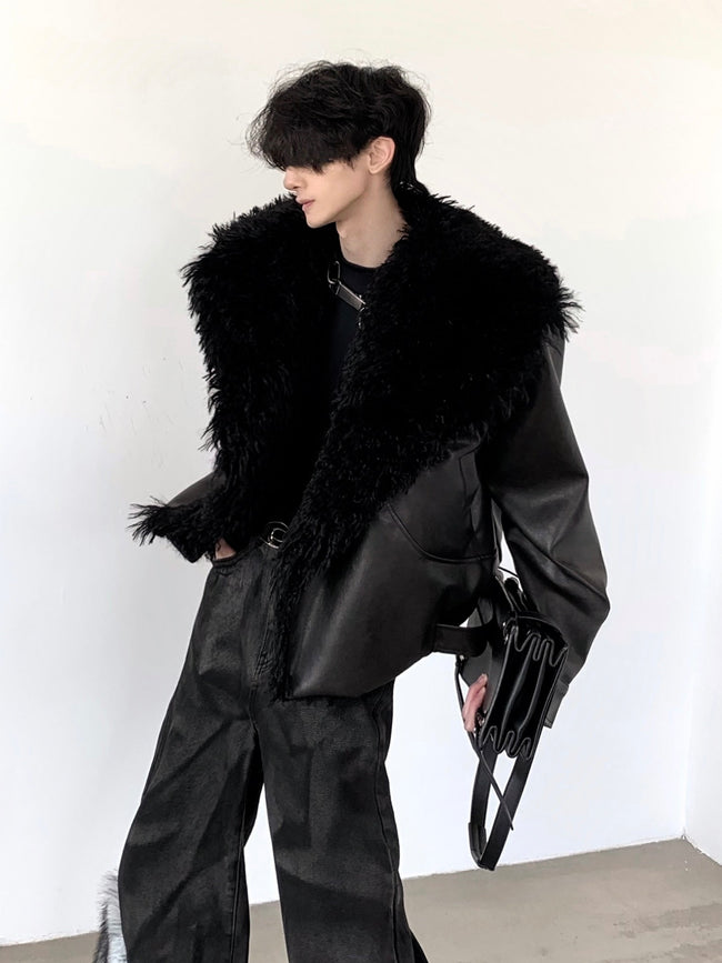 【25s Feb.】Large Fur Collar Leather Jacket Hover Image