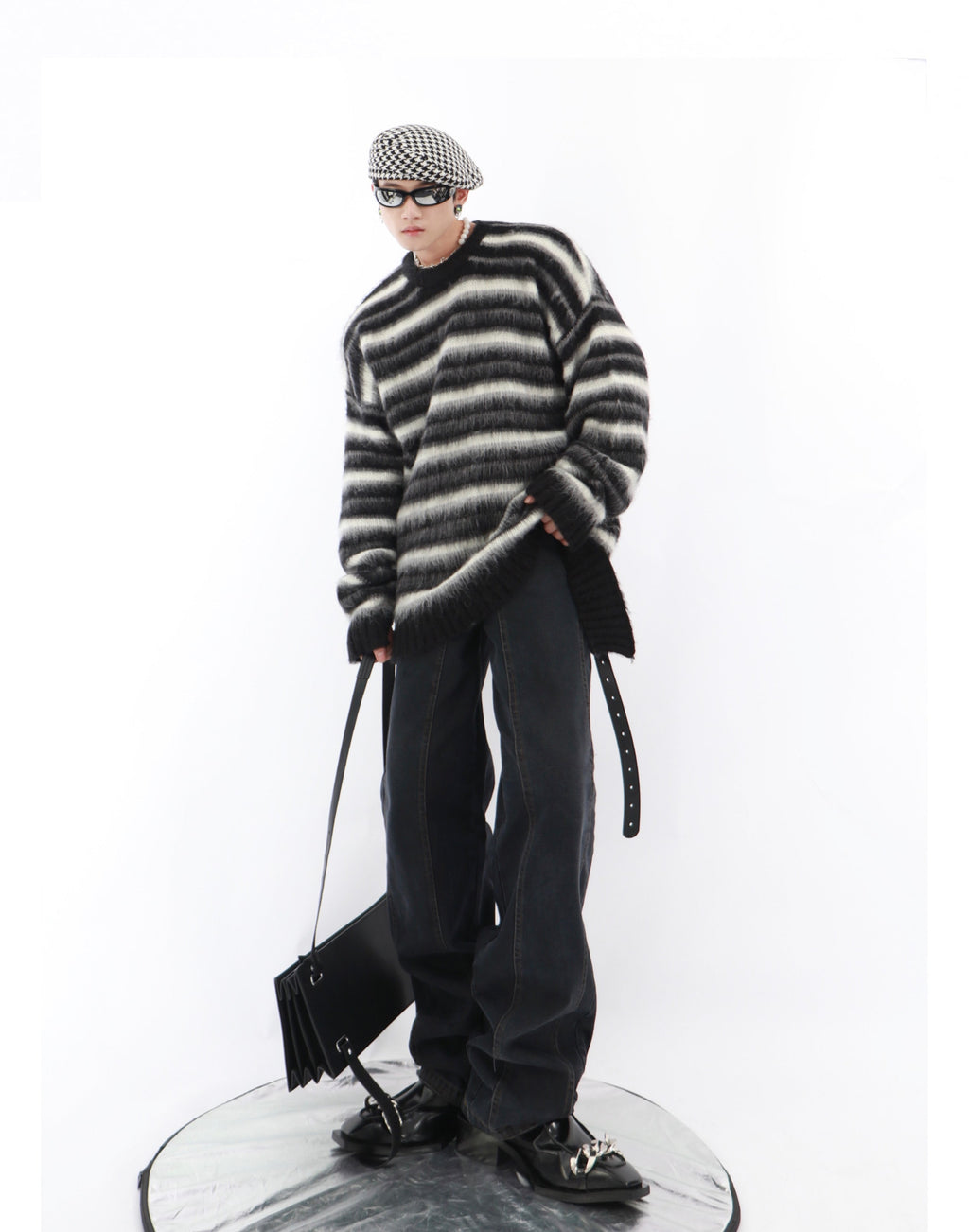 Black and White Striped Crew Neck Sweater